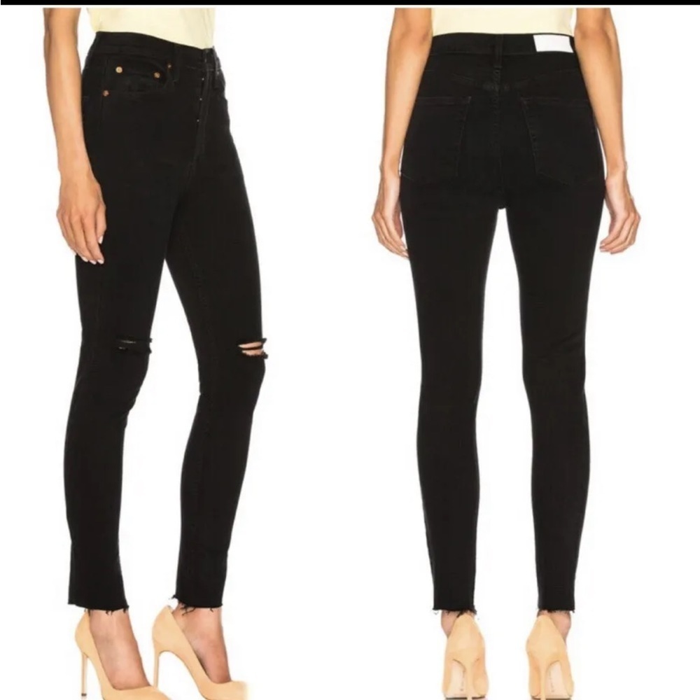 RE/DONE High Rise Ankle Crop Distressed Button Fly‎ Jean in Black Destroy sz 25